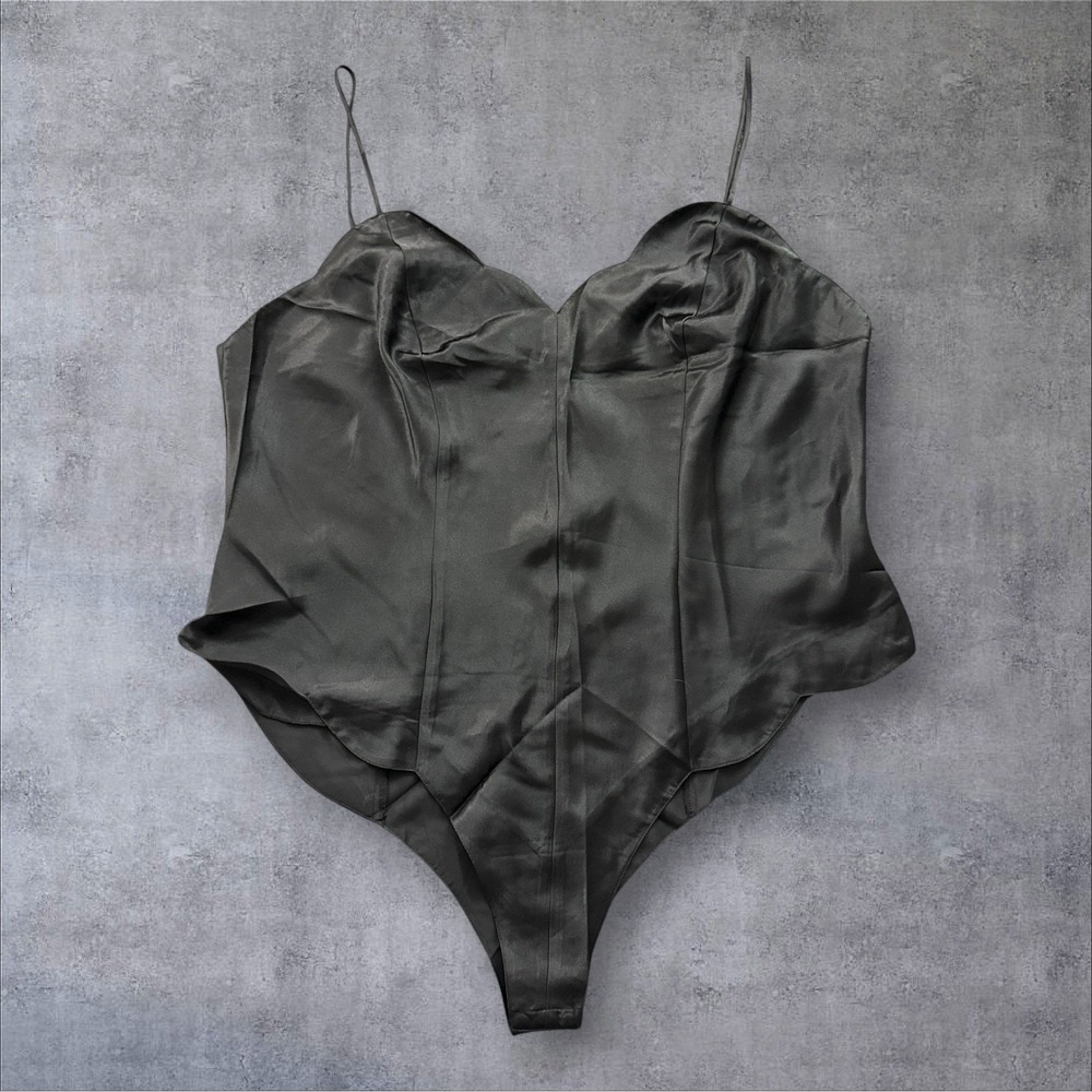 Delicates Bodysuit Womens 2X Black Satin Sweetheart Neck Spaghetti Strap Snap